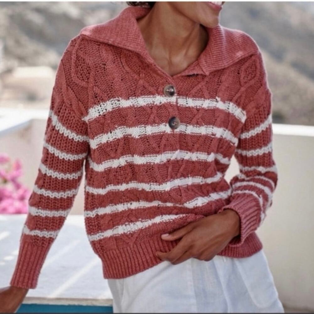 Garnet Hill Chunky Cable-knit Striped Polo Sweater cotton linen blend large